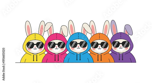Five cartoon rabbits wearing hoodies and sunglasses in a row