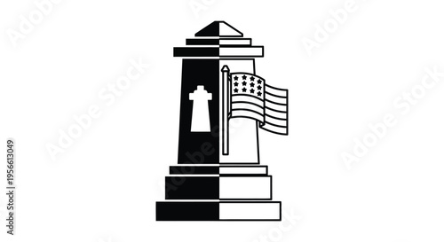 Black and White Lighthouse with American Flag