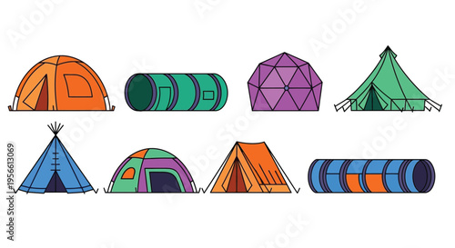 Colorful cartoon illustrations of various types of tents and shelters