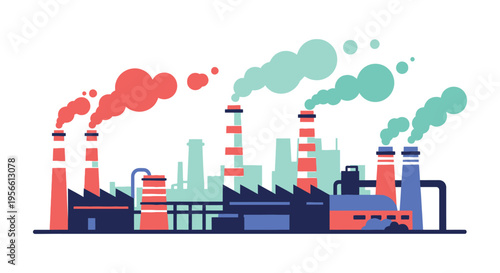 An industrial landscape depicting factory smokestacks releasing colorful pollution into the atmosphere shown as a silhouette high quality professional detailed modern