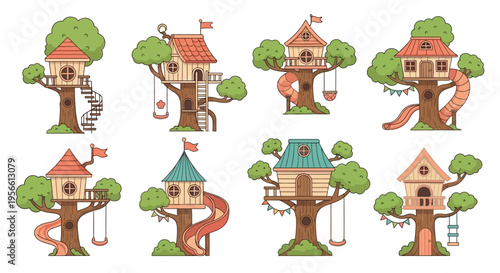 Charming collection of colorful treehouses nestled among lush green trees