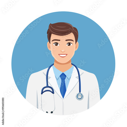 Friendly Male Doctor with Stethoscope Wearing White Coat and Blue Tie
