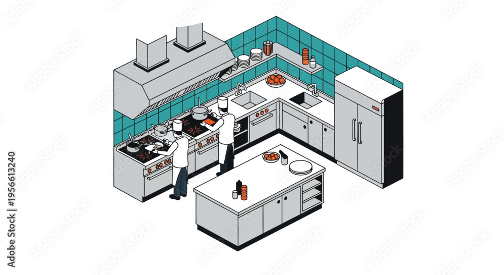 Fototapeta premium Isometric illustration of a professional kitchen with chefs at work