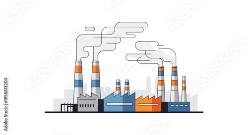 A colorful flat illustration depicting an industrial factory complex with multiple smokestacks releasing plumes of smoke silhouette high quality professional detailed