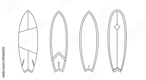 Four surfboard outlines top front bottom and tail views in black and white