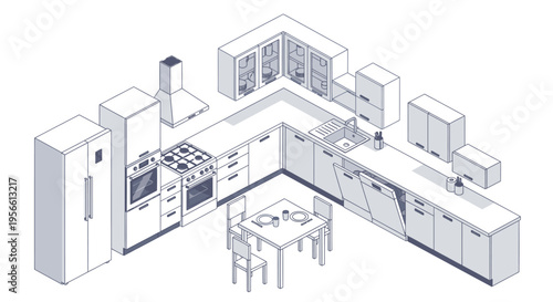 Isometric illustration of a modern white kitchen with appliances and dining set