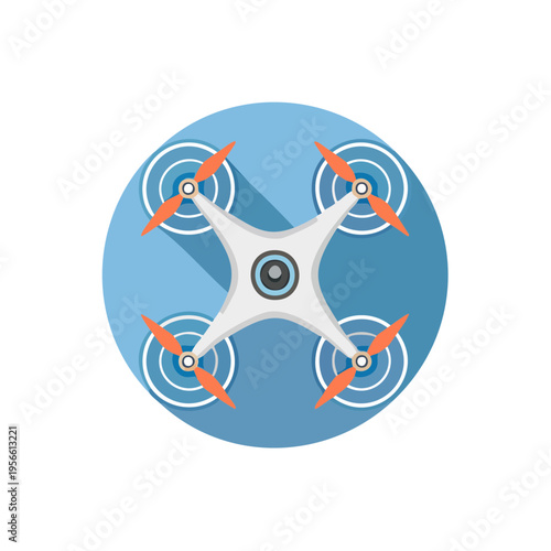 Modern drone with camera and orange propellers flying overhead in a flat design illustration