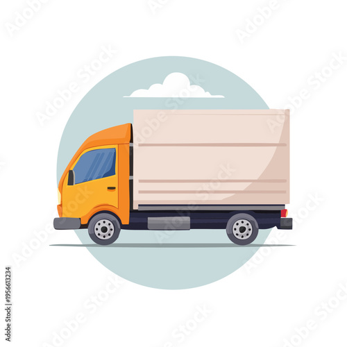Orange delivery truck with white cargo box and clouds illustration