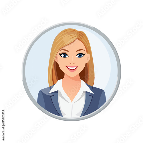 Professional business woman with blonde hair in a suit smiling in a circular frame