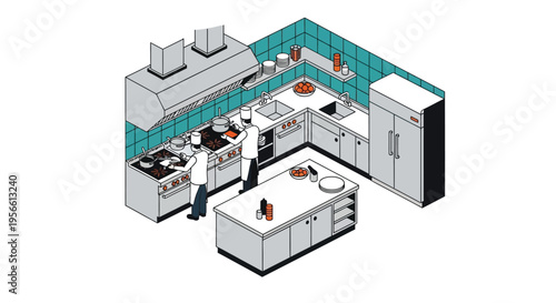 Isometric illustration of a professional kitchen with chefs at work