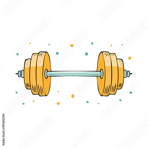 Hand-drawn barbell with yellow weights and blue and orange speckles