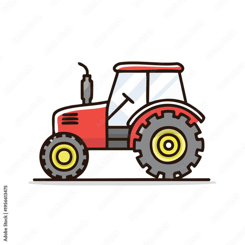 Fototapeta premium Red and gray cartoon tractor with large wheels and tinted cab for farm work