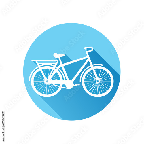 White bicycle icon with long shadow on a blue circle background