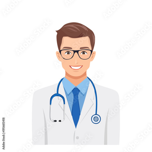 Friendly male doctor wearing glasses and a stethoscope with a white lab coat and blue tie