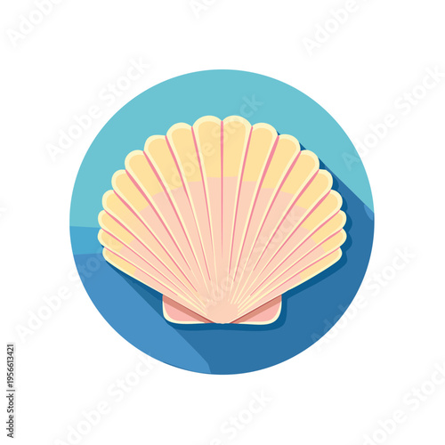 Flat Design Scallop Shell Illustration with Circular Blue Background and Shadow