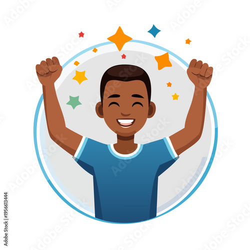 Joyful young man celebrating with raised arms and stars, depicting success and happiness