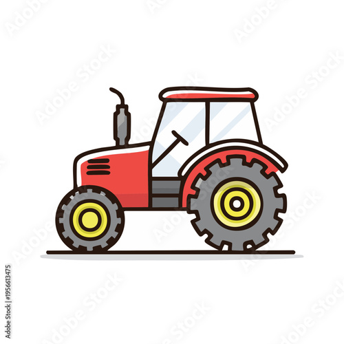 Red and gray cartoon tractor with large wheels and tinted cab for farm work