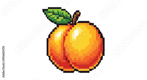 A vibrant pixel art rendering of a ripe peach with a green leaf and stem showcasing a distinct silhouette high quality