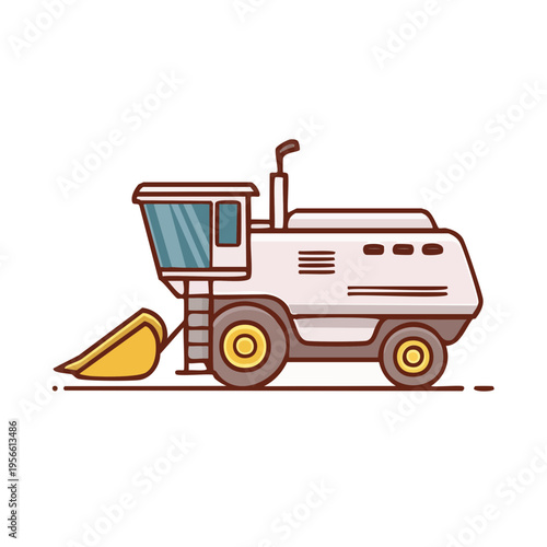 White agricultural combine harvester with yellow bucket in flat design style