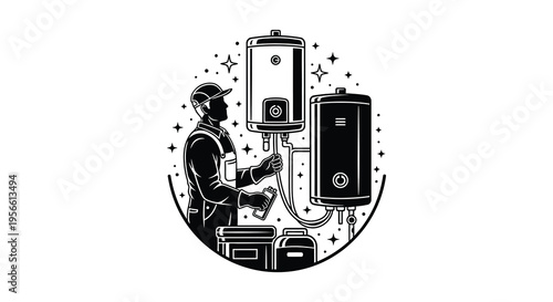 A plumber repairs two water heaters with tools depicted in a striking black and white silhouette high quality professional detailed modern