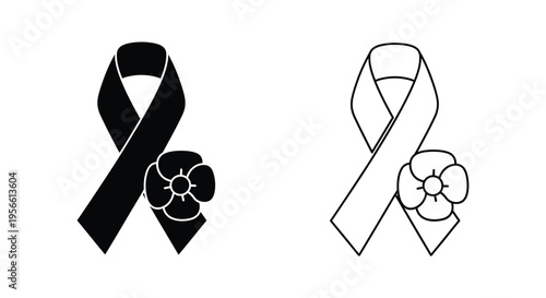 Black Mourning Ribbon with Poppy Flower Vector