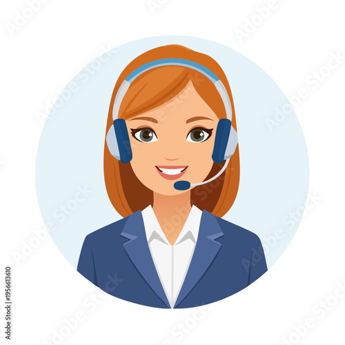 Friendly female customer service representative wearing a headset and blue jacket