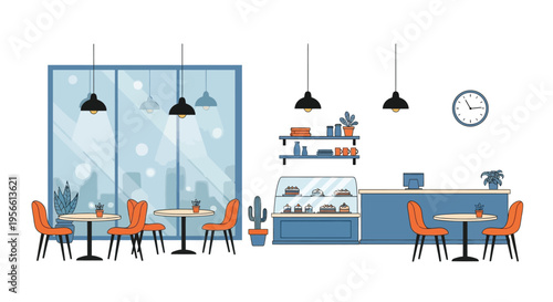 A brightly colored illustration of a cozy cafe interior with seating