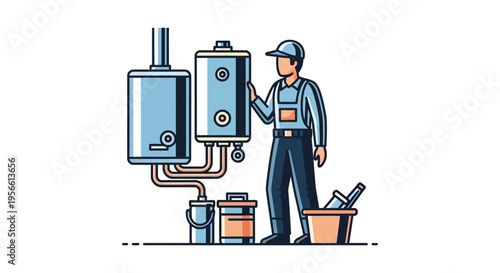 A technician inspects a modern boiler system with tools nearby showcasing home maintenance and repair services silhouette high quality professional