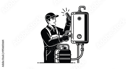 A technician repairs a water heater checking connections with tools presented in a striking silhouette high quality professional detailed modern elegant
