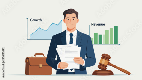 Businessman with financial charts and gavel