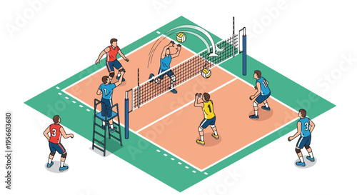 Volleyball players in action during a game illustrated perspective view