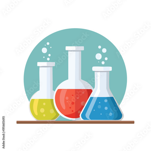 Three colorful laboratory flasks with bubbling liquids on a shelf
