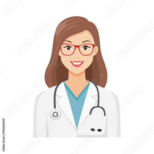 Friendly female doctor with glasses and stethoscope wears a white lab coat and smiling