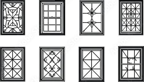 Collection of diverse window designs showcasing geometric and traditional pane patterns ideal for architectural illustrations and graphic elements