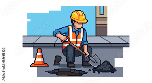 A pixel art construction worker digs near a road with a traffic cone and building backdrop silhouette high quality professional detailed