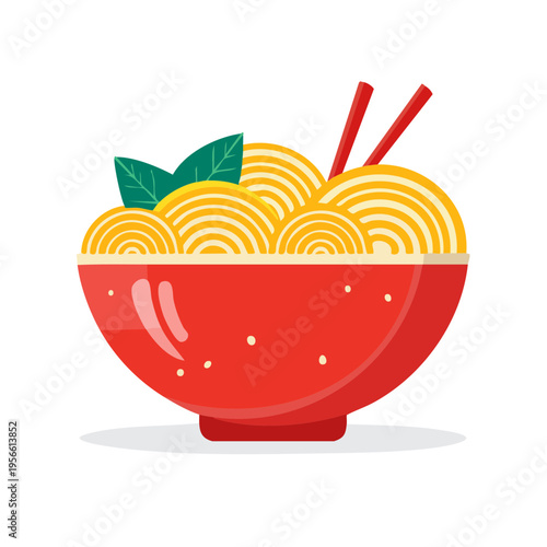 Delicious bowl of noodles with chopsticks and fresh green leaves an appetizing asian dish