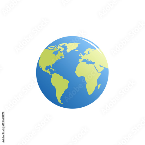 A stylized graphic representation of the planet Earth displaying continents in green and oceans in blue.
