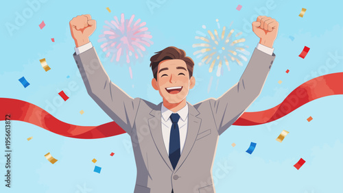 Businessman celebrating with raised arms
