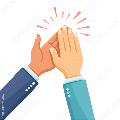 Two hands in business suits giving a high five with red radiating lines celebrating success