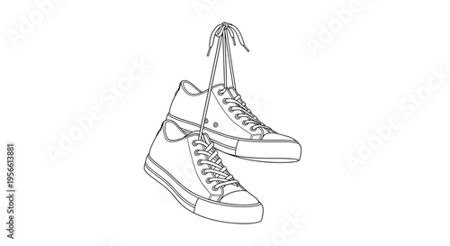 A simple line drawing depicts a pair of hanging sneakers