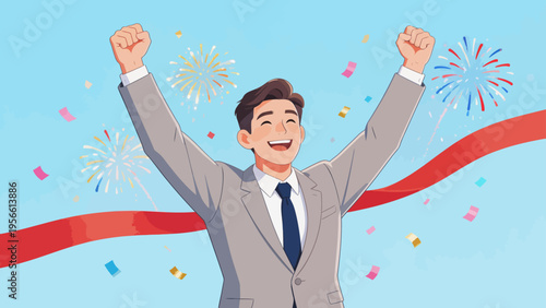 Celebratory man in suit with fireworks