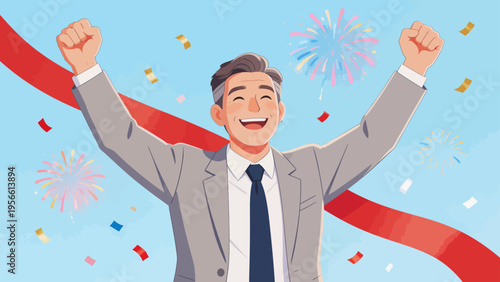 Celebratory businessman with raised arms