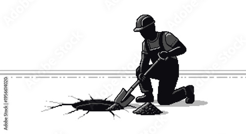 A worker kneels and digs at a crack in the road presented as a stark dramatic silhouette high quality professional detailed