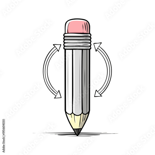 Sharp pencil with pink eraser drawing a line with rotation arrows indicating action