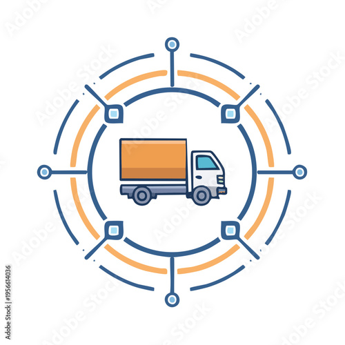 Delivery truck icon with network nodes and orbital lines representing logistics and distribution