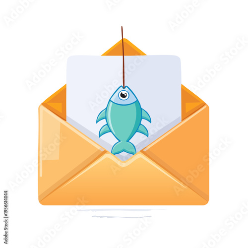 Email Phishing Scam Cartoon Graphic with Fish Hooked to Letter Inside Envelope