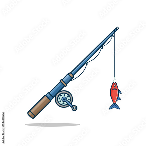 Fishing rod with reel and red fish caught on line cartoon illustration