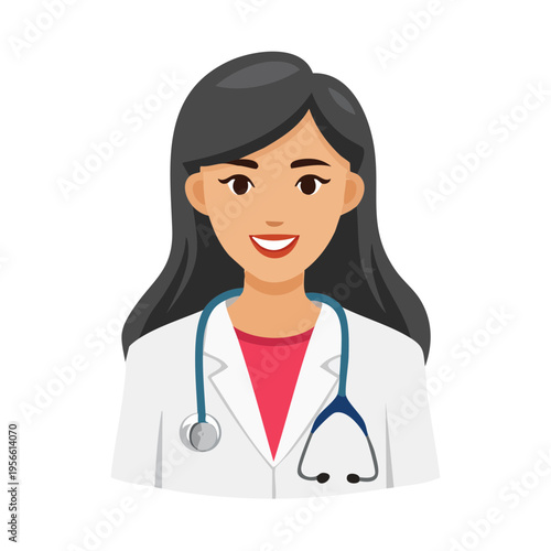 Illustration of a Smiling Female Doctor Wearing a White Coat and Stethoscope Medical Professional