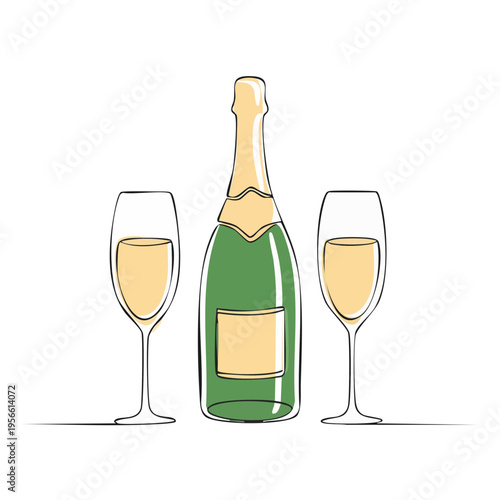 Two champagne flutes flanking a green bottle filled with bubbly golden drink