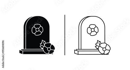 Tombstone with Poppy Flower Icon Vector Set